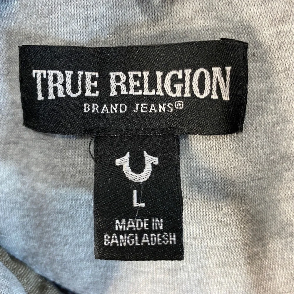 True Religion Mens Puffer Vest Charcoal Grey Quilted‎ Full Zip Horseshoe Logo L